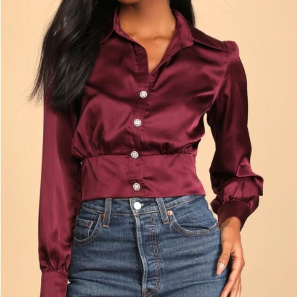 Lulus Tops - Lulus Plum Purple Satin Long Sleeve Button-Up Top - S